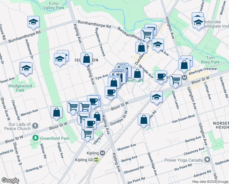 map of restaurants, bars, coffee shops, grocery stores, and more near 15 Summerland Terrace in Toronto