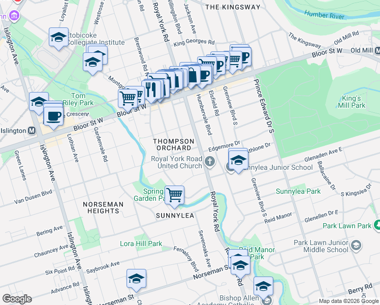 map of restaurants, bars, coffee shops, grocery stores, and more near 7 Van Dusen Boulevard in Toronto