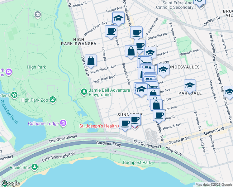 map of restaurants, bars, coffee shops, grocery stores, and more near 129 Indian Road in Toronto