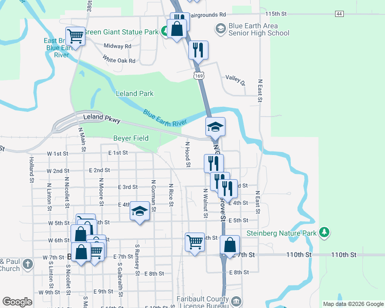map of restaurants, bars, coffee shops, grocery stores, and more near 606 North Hood Street in Blue Earth