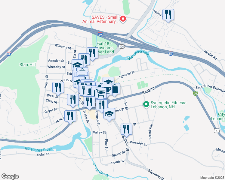 map of restaurants, bars, coffee shops, grocery stores, and more near 10 Campbell Street in Lebanon