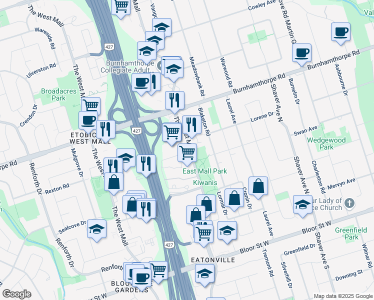 map of restaurants, bars, coffee shops, grocery stores, and more near in Toronto