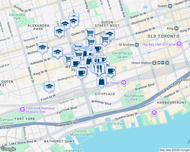 map of restaurants, bars, coffee shops, grocery stores, and more near 20 Blue Jays Way in Toronto