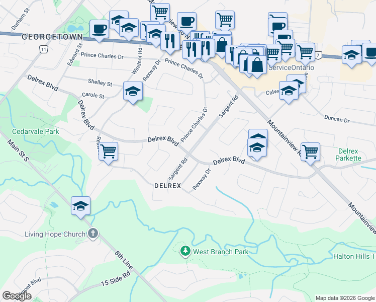 map of restaurants, bars, coffee shops, grocery stores, and more near 177 Delrex Boulevard in Halton Hills