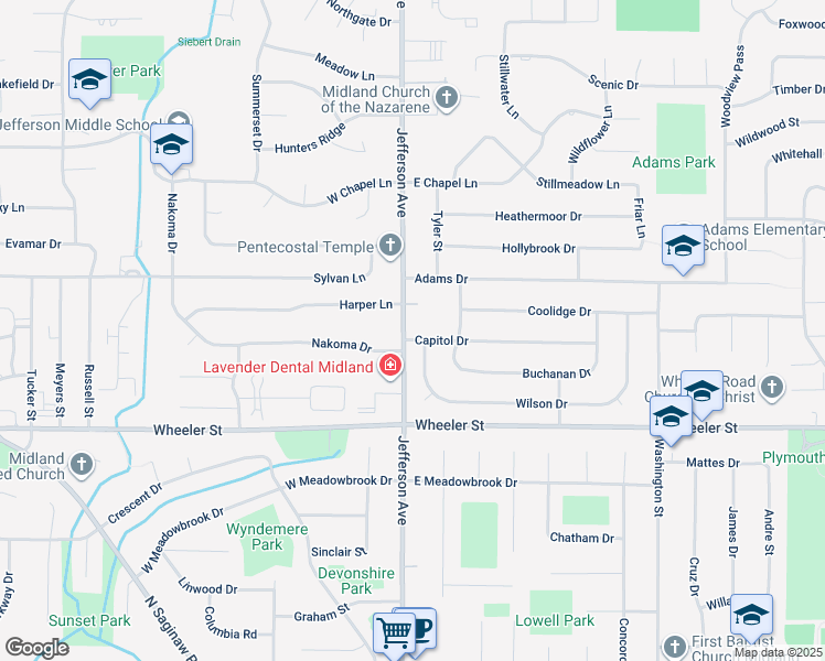 map of restaurants, bars, coffee shops, grocery stores, and more near 101 Capitol Drive in Midland