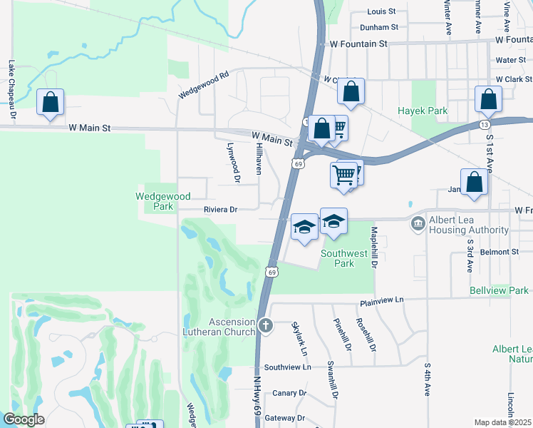 map of restaurants, bars, coffee shops, grocery stores, and more near 602 Bel Aire Drive in Albert Lea