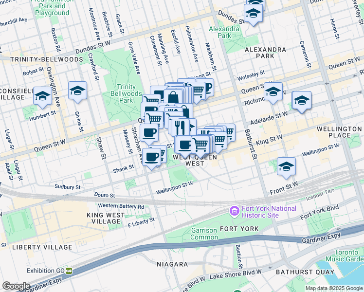 map of restaurants, bars, coffee shops, grocery stores, and more near 235 Niagara Street in Toronto