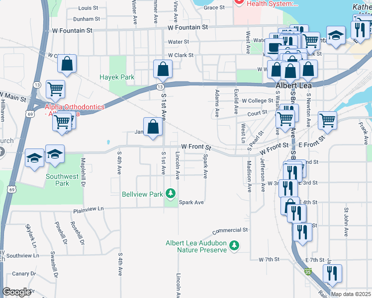 map of restaurants, bars, coffee shops, grocery stores, and more near 727 West Front Street in Albert Lea
