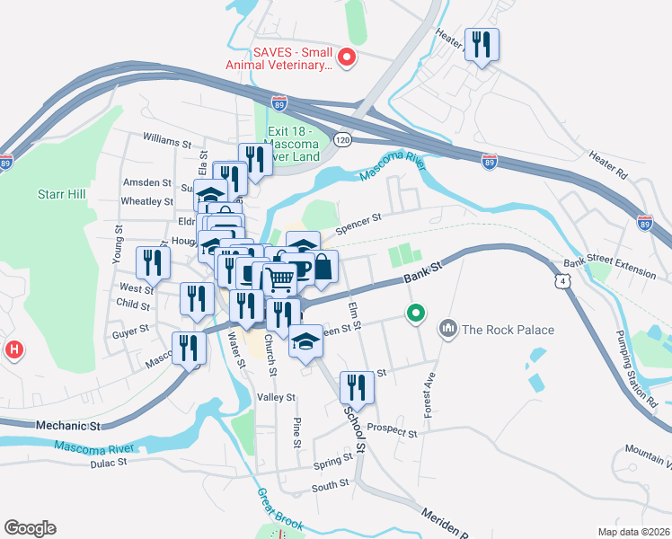 map of restaurants, bars, coffee shops, grocery stores, and more near 16 Parkhurst Street in Lebanon