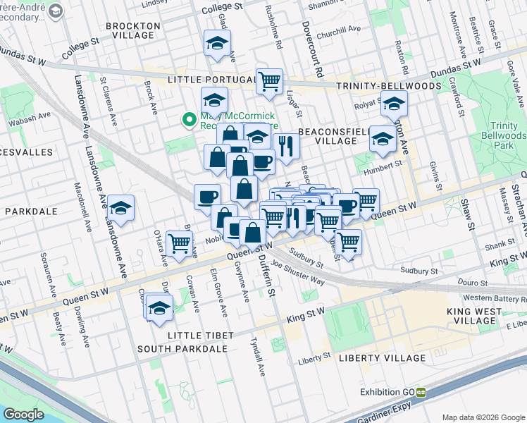 map of restaurants, bars, coffee shops, grocery stores, and more near 7 Peel Avenue in Toronto