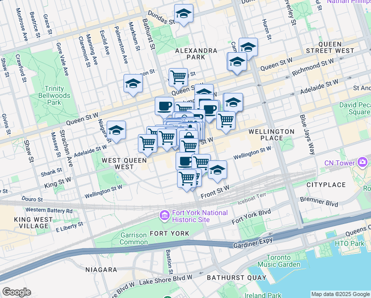 map of restaurants, bars, coffee shops, grocery stores, and more near 663 King Street West in Toronto
