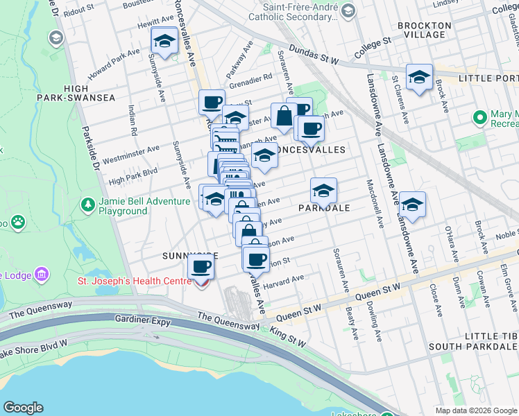map of restaurants, bars, coffee shops, grocery stores, and more near 163 Garden Avenue in Toronto
