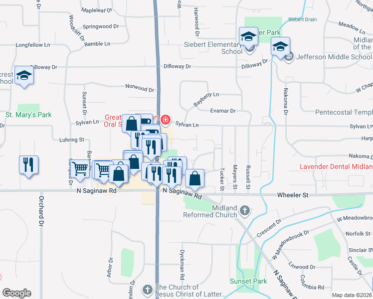 map of restaurants, bars, coffee shops, grocery stores, and more near 1509 Pheasant Ridge Drive in Midland