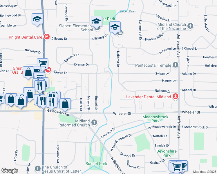 map of restaurants, bars, coffee shops, grocery stores, and more near 5018 Whisper Ridge in Midland