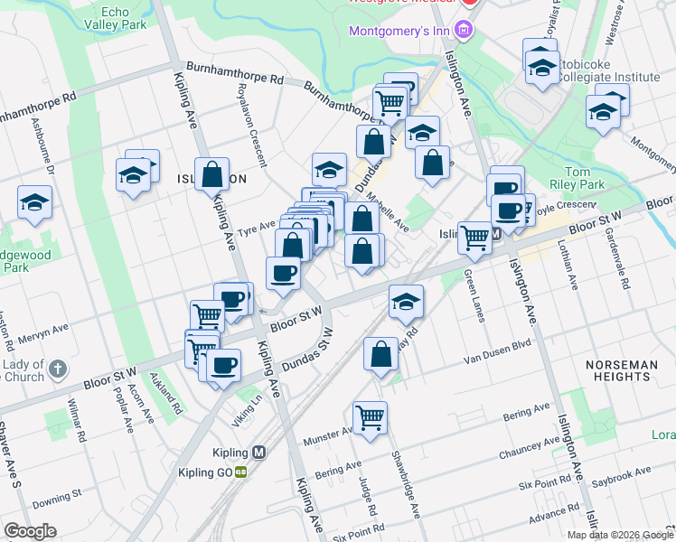 map of restaurants, bars, coffee shops, grocery stores, and more near 70 Resurrection Road in Toronto