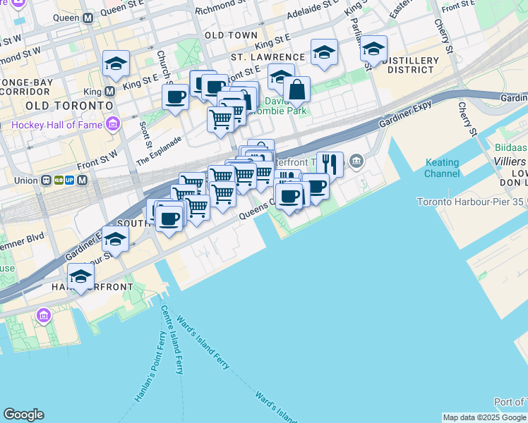 map of restaurants, bars, coffee shops, grocery stores, and more near 125 Queens Quay East in Toronto