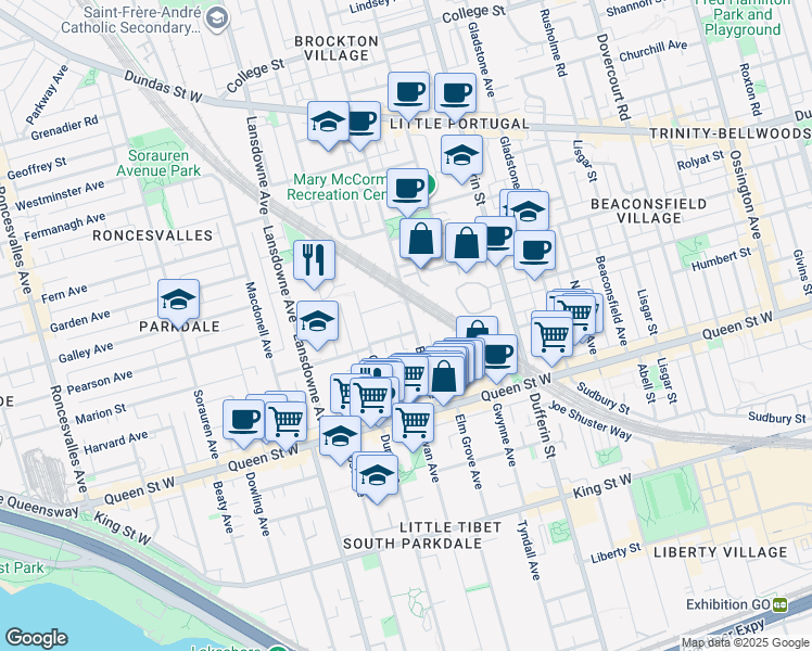map of restaurants, bars, coffee shops, grocery stores, and more near 64 Brock Avenue in Toronto