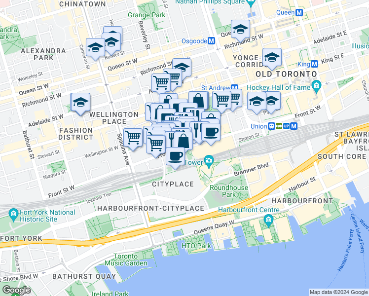 map of restaurants, bars, coffee shops, grocery stores, and more near Front Street West in Toronto