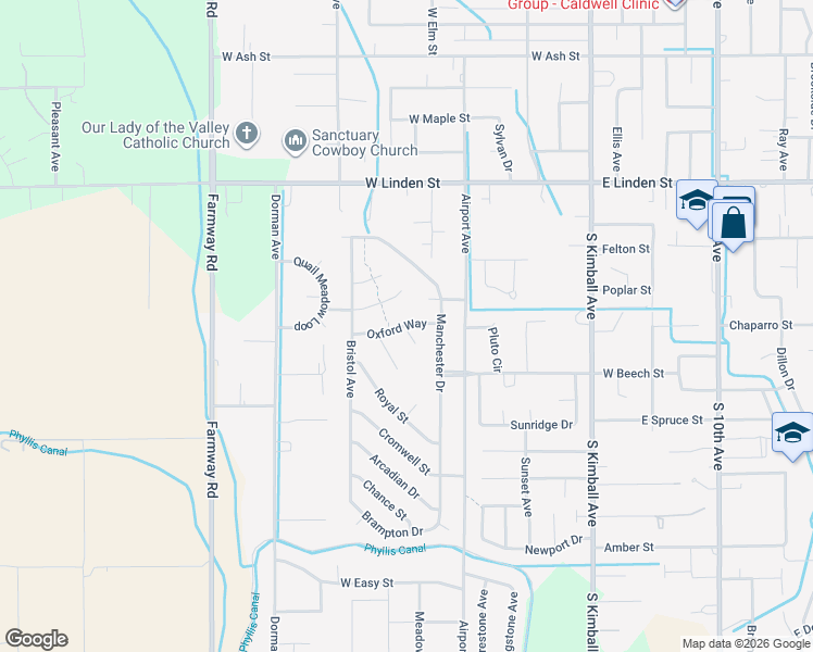 map of restaurants, bars, coffee shops, grocery stores, and more near 699 Oxford Way in Caldwell