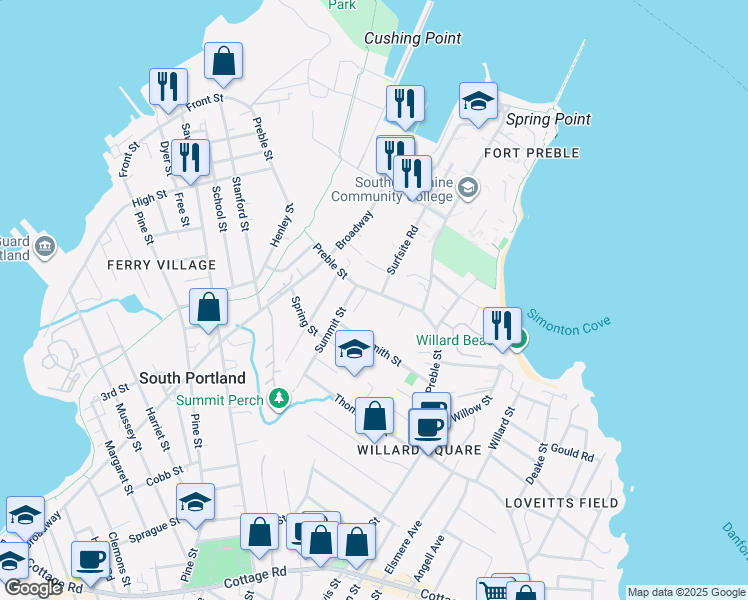 map of restaurants, bars, coffee shops, grocery stores, and more near 217 Preble Street in South Portland