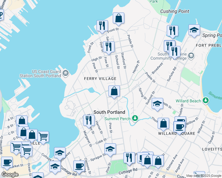 map of restaurants, bars, coffee shops, grocery stores, and more near 19 Maple Street in South Portland