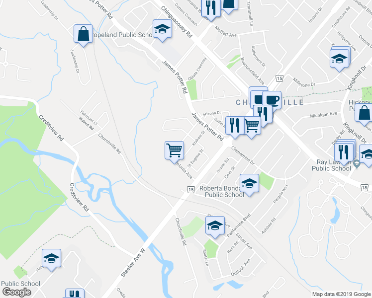 map of restaurants, bars, coffee shops, grocery stores, and more near 20 Krakow Street in Brampton