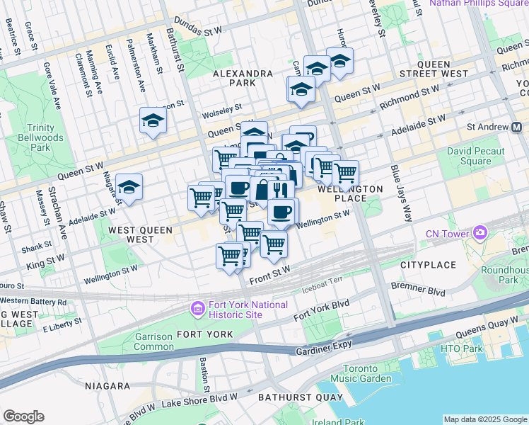 map of restaurants, bars, coffee shops, grocery stores, and more near 66 Portland Street in Toronto