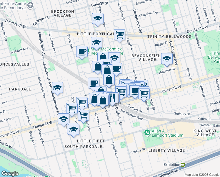 map of restaurants, bars, coffee shops, grocery stores, and more near 410 Dufferin Street in Toronto