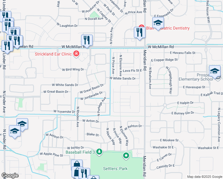 map of restaurants, bars, coffee shops, grocery stores, and more near 4289 North Price Place in Meridian