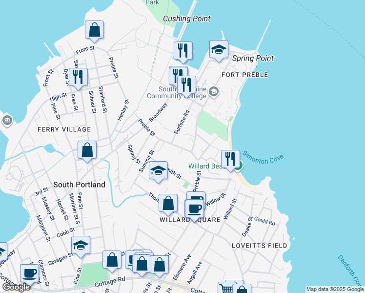map of restaurants, bars, coffee shops, grocery stores, and more near 248 Preble Street in South Portland