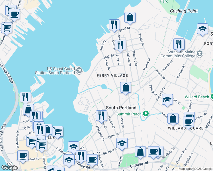 map of restaurants, bars, coffee shops, grocery stores, and more near 71 Marriner Street North in South Portland