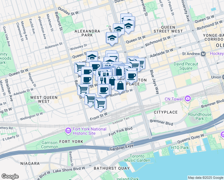 map of restaurants, bars, coffee shops, grocery stores, and more near 539 King Street West in Toronto