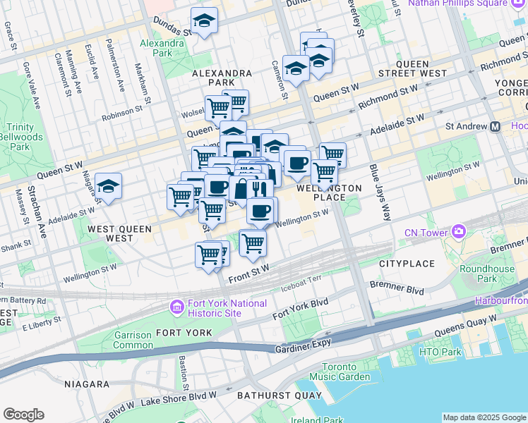 map of restaurants, bars, coffee shops, grocery stores, and more near in Toronto