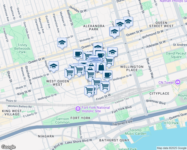 map of restaurants, bars, coffee shops, grocery stores, and more near in Toronto