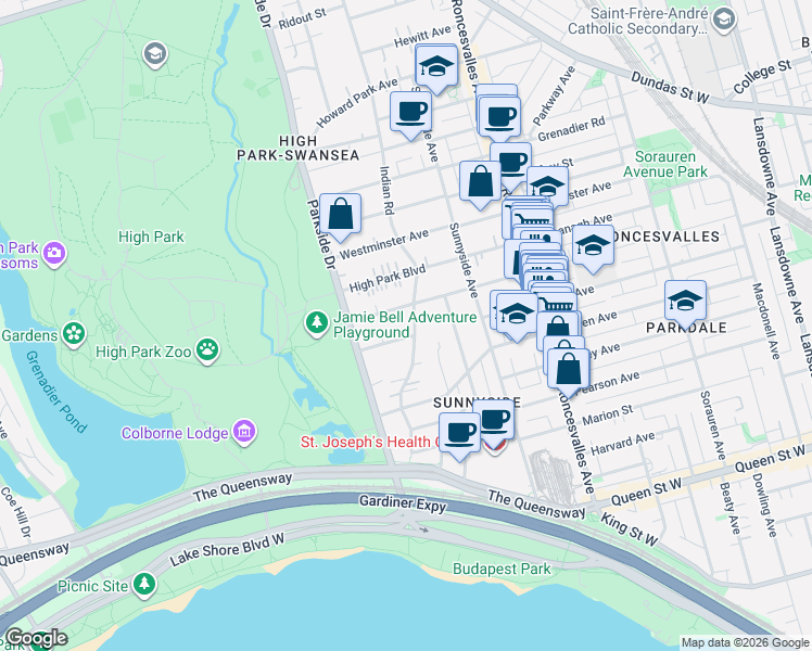 map of restaurants, bars, coffee shops, grocery stores, and more near in Toronto