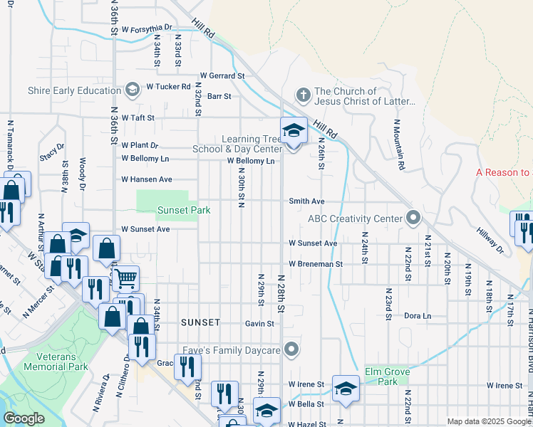 map of restaurants, bars, coffee shops, grocery stores, and more near 2610 North 29th Street in Boise