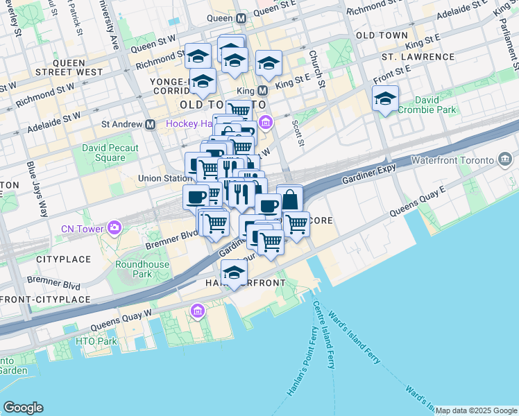 map of restaurants, bars, coffee shops, grocery stores, and more near 55 Bay Street in Toronto