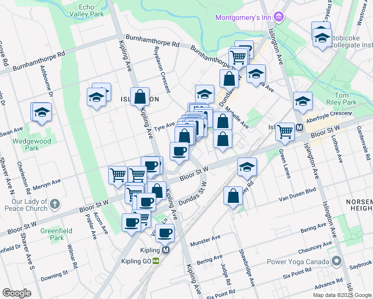 map of restaurants, bars, coffee shops, grocery stores, and more near 15 Summerland Terrace in Toronto