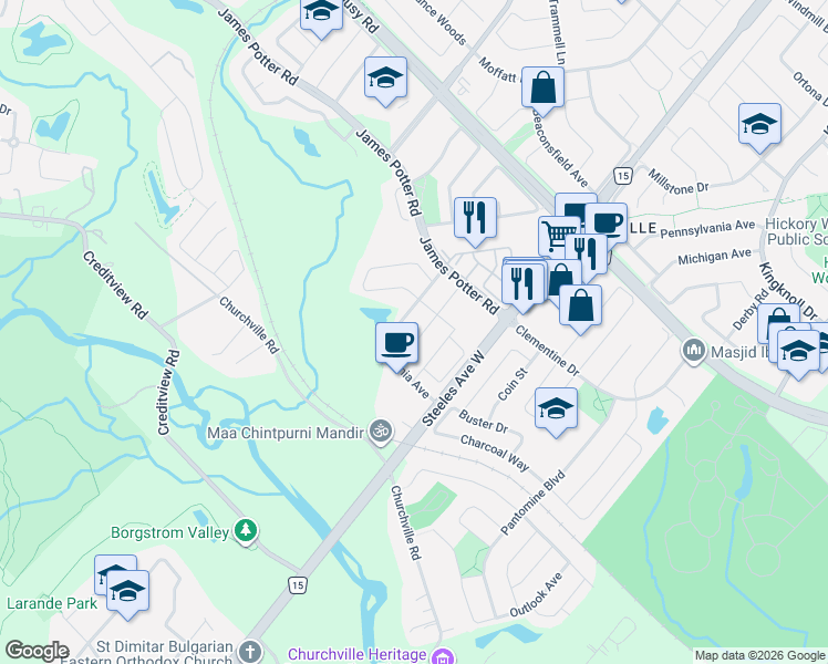 map of restaurants, bars, coffee shops, grocery stores, and more near 20 Krakow Street in Brampton