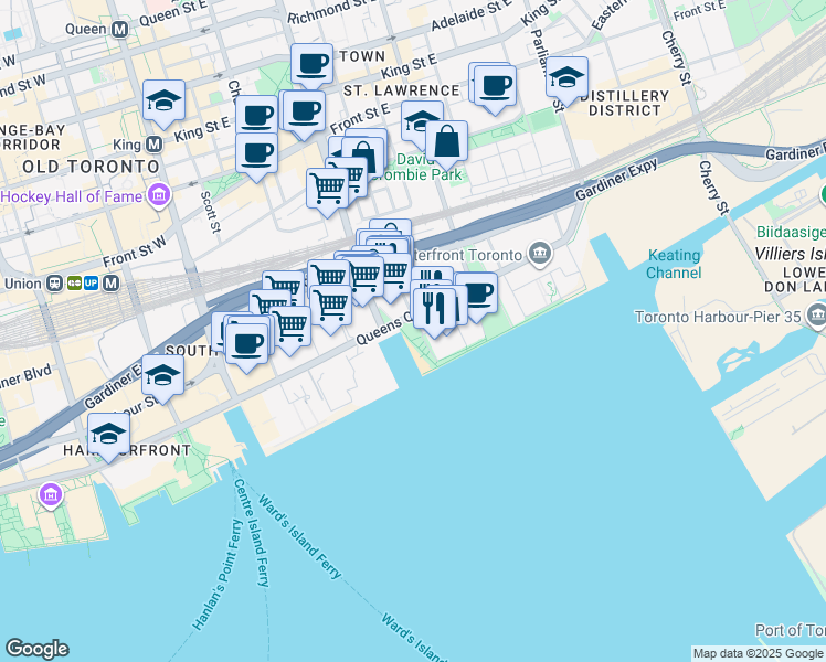map of restaurants, bars, coffee shops, grocery stores, and more near in Toronto