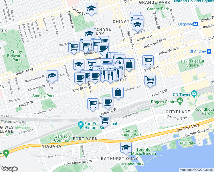 map of restaurants, bars, coffee shops, grocery stores, and more near 77 Portland Street in Toronto
