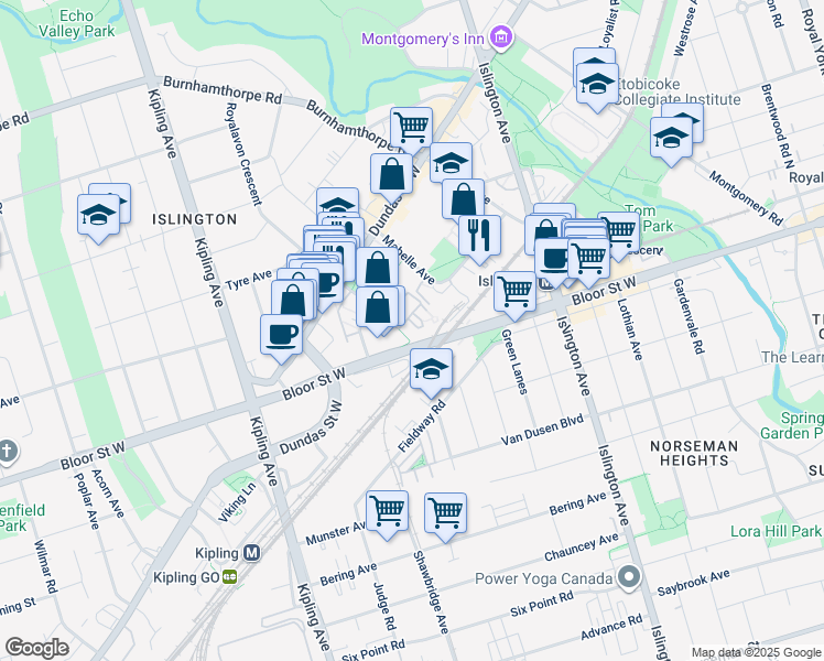 map of restaurants, bars, coffee shops, grocery stores, and more near 1 Michael Power Place in Toronto