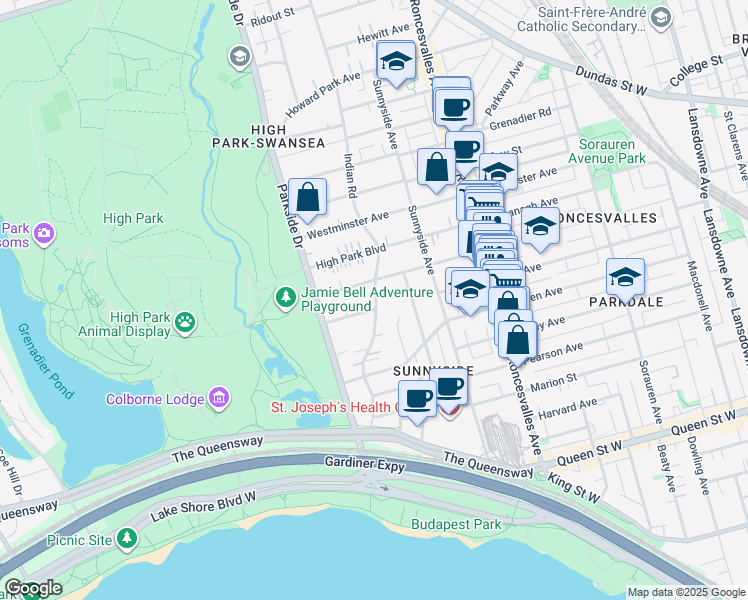 map of restaurants, bars, coffee shops, grocery stores, and more near 132 Indian Road in Toronto