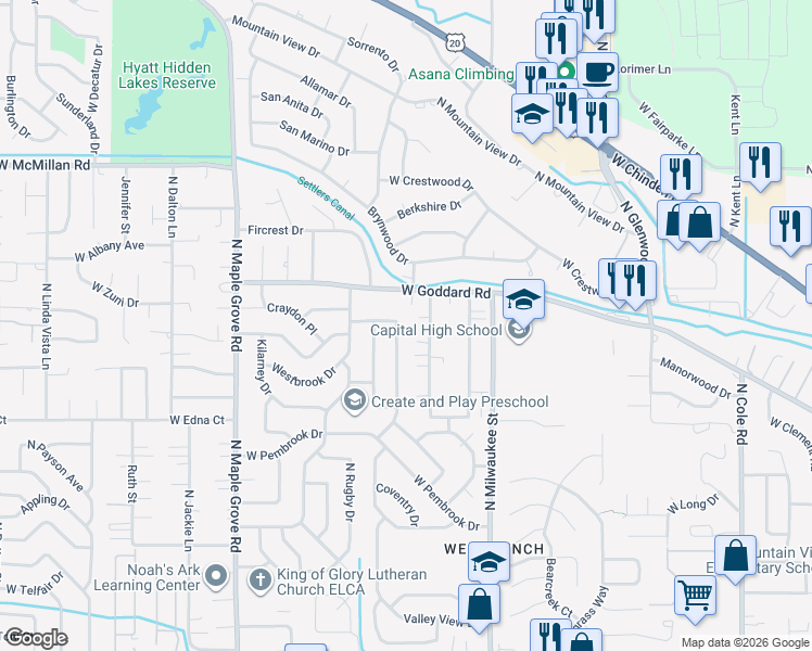 map of restaurants, bars, coffee shops, grocery stores, and more near 4300 Stratford Drive in Boise