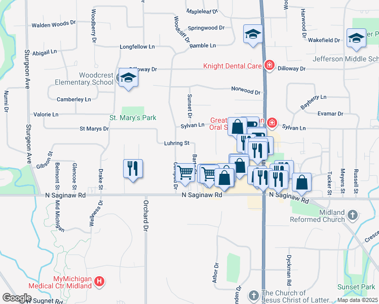 map of restaurants, bars, coffee shops, grocery stores, and more near 5011 Barto Street in Midland