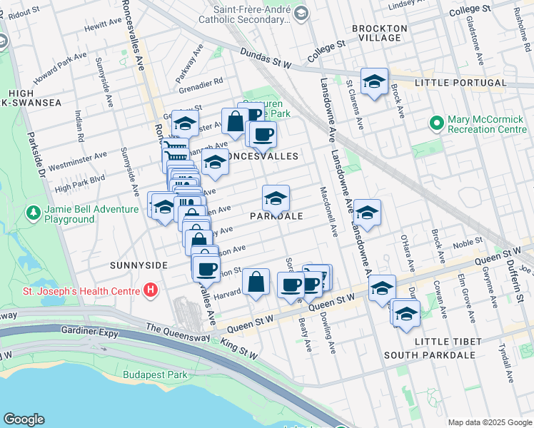 map of restaurants, bars, coffee shops, grocery stores, and more near 54A Galley Avenue in Toronto