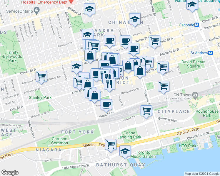 map of restaurants, bars, coffee shops, grocery stores, and more near 75 Portland Street in Toronto