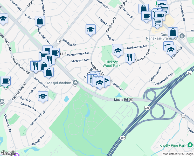 map of restaurants, bars, coffee shops, grocery stores, and more near Dino Court in Brampton