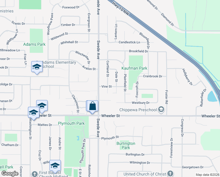 map of restaurants, bars, coffee shops, grocery stores, and more near 1802 Vine Street in Midland