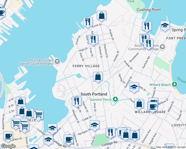map of restaurants, bars, coffee shops, grocery stores, and more near 23 Maple Street in South Portland
